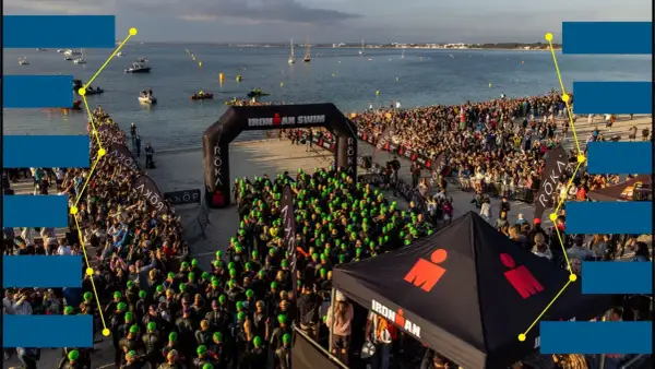Ironman swim start line with athletes in green caps. The 70.3 vineman race is about to begin by the sea.