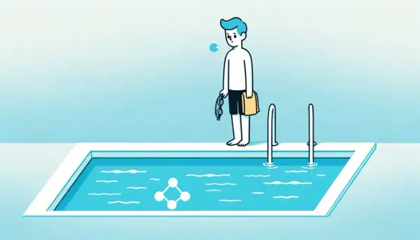 A boy stands by a pool, holding goggles and a towel, looking worried. A molecular structure floats in the water, hinting at chlorine sensitivity.