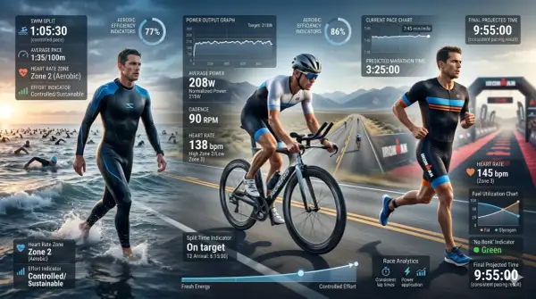 A triathlon athlete transitions from swimming to cycling, then to running, with real-time performance data displayed, showcasing a projected finish time of 9:55:00.