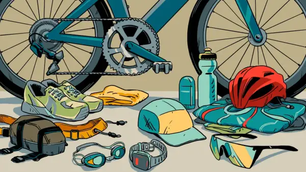 Ready for a triathlon! Cycling shoes, goggles, a helmet, sunglasses, and a water bottle are laid out with a bike.