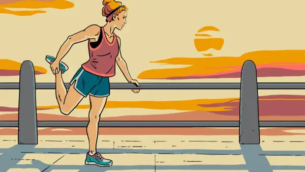 Woman stretching her leg during sprint triathlon training at sunset.