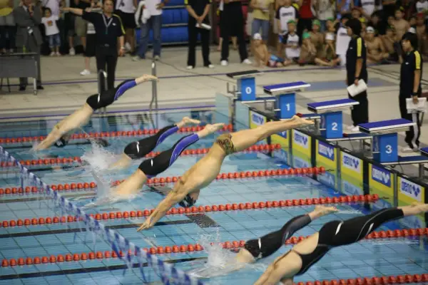 Swimmers dive into the pool for mid-distance swim workouts.