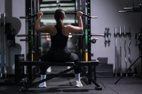 Woman performing lat pulldowns, a key exercise for weight training for triathlon, building upper body strength for swimming and cycling.