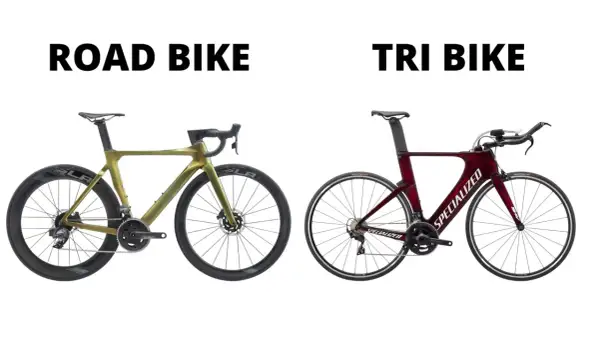 A gold road bike and a red tri bike are shown side-by-side, highlighting their distinct frame designs and handlebars for different cycling disciplines.