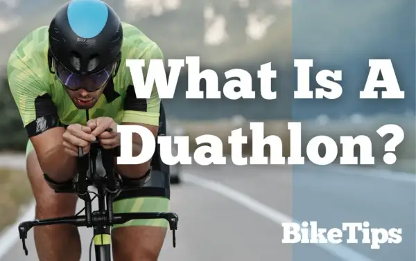 A cyclist in a neon green suit and helmet races on a road, with text asking "What Is A Duathlon?".