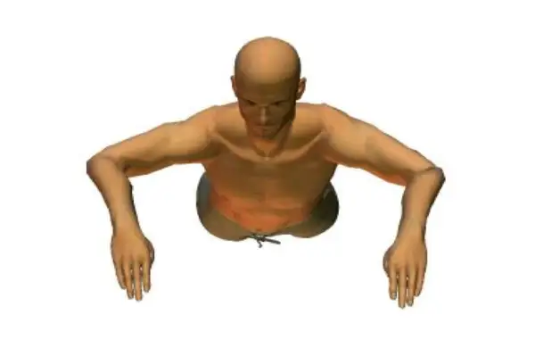 A bald man with muscular arms outstretched, resembling butterfly arms in a swimming pose.