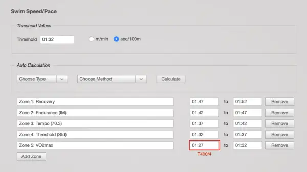 Swim training zones, including Zone 5: VO2max, with pace settings to improve VO2 max.