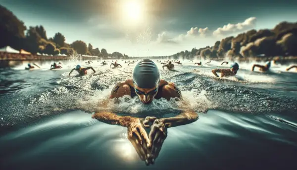 Swimmers in a triathlon race, performing the breaststroke. The sun shines brightly on the water as athletes push through the waves.