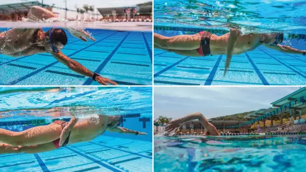 Four swim strokes captured underwater: freestyle, backstroke, and breaststroke. A swimmer glides through the blue water of a pool.