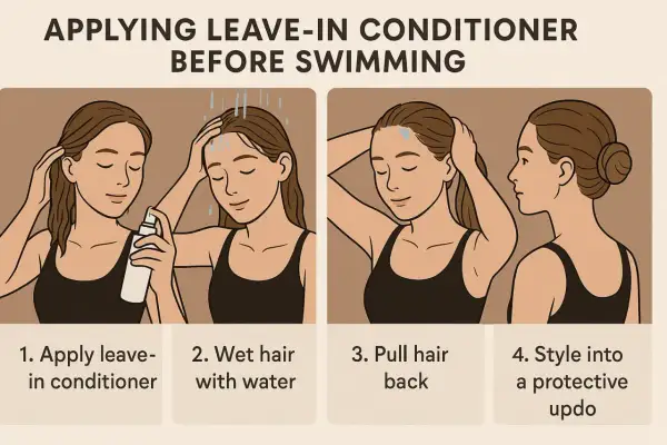 Learn how to protect hair from chlorine by applying leave-in conditioner, wetting hair, pulling it back, and styling into a protective updo.
