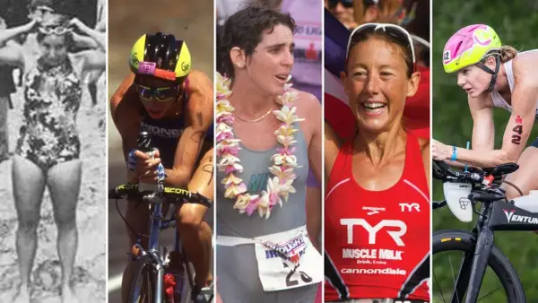 Paula Newby Fraser, a legendary triathlete, in various stages of her career, from early races to triumphant finishes.