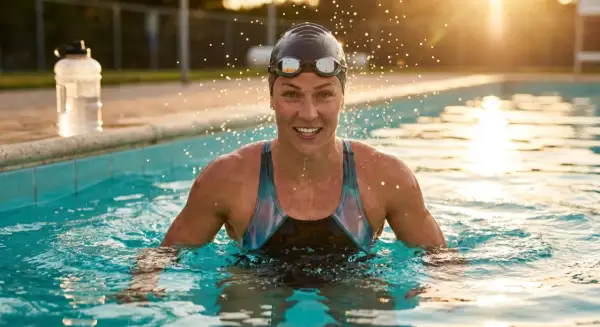 A swimmer emerges from the pool, water droplets flying. She smiles, her muscles defined. Do you sweat when you swim?