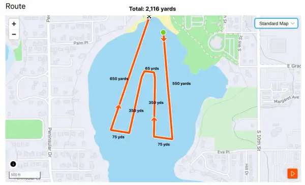 A map shows a route with various distances, totaling 2,116 yards. The route zigzags across a body of water, with segments labeled 650, 350, 75, 550, and 65 yards.