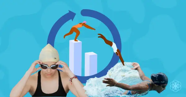 A swimmer prepares to dive, while others swim. The image asks, "can I swim on my period?