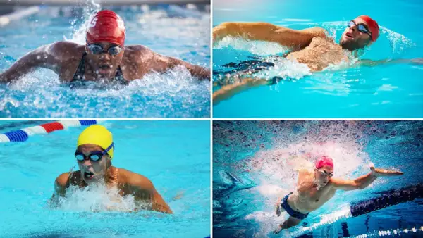 Four swimmers showcase different strokes. One performs the butterfly, another the freestyle, a third the breaststroke, and the last is underwater, possibly executing the best stroke for speed.