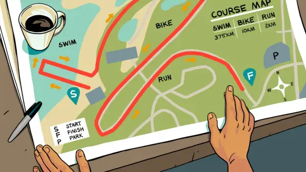 Course map showing swim, bike, and run routes. Distances are listed: 375km swim, 10km bike, 2km run, hinting at ultra Ironman distances.
