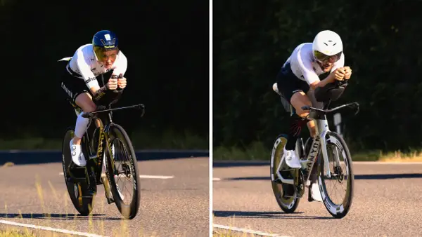 Two athletes on time trial bikes, part of a triathlon, race on a sunny road.