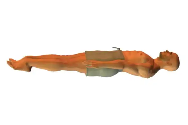 A person floats on their back, legs extended, arms resting on their chest. This is a starting position for learning what is elementary backstroke.