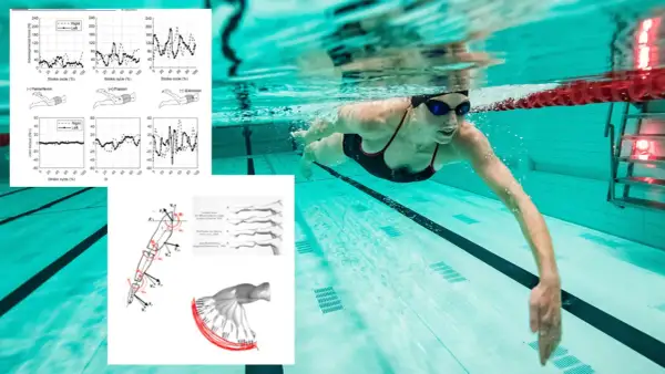 Underwater swimmer in a pool, with graphs showing how many swim strokes are there.