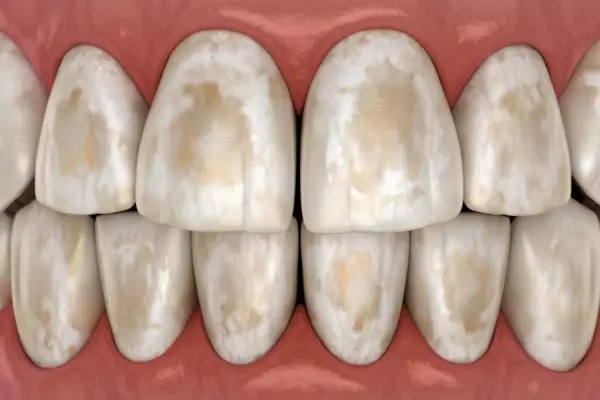 Close-up of stained teeth, showing discolored enamel with brown and white patches, reminiscent of swimmers teeth.