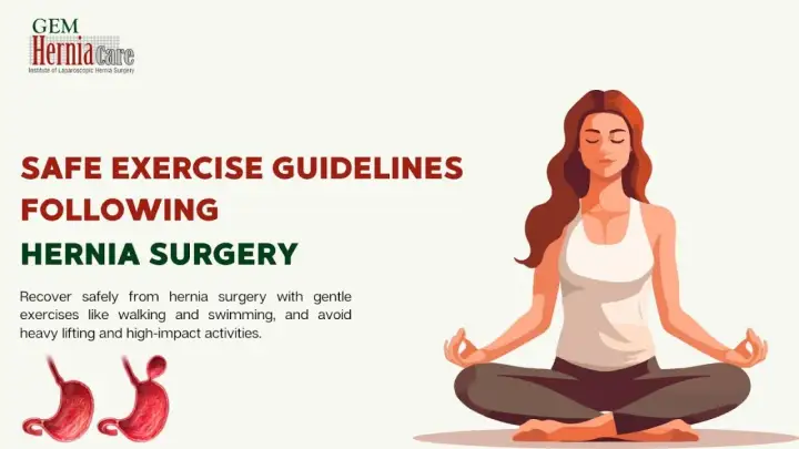 Safe exercise guidelines after hernia surgery, including when you can swim. Gentle recovery with walking and swimming is encouraged.
